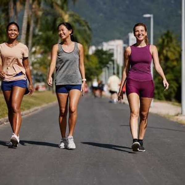 Three women wearing active wear walking on a sunny path