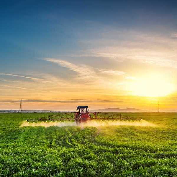 Tractor spray fertilizer spraying pesticides on green field, agriculture background concept.