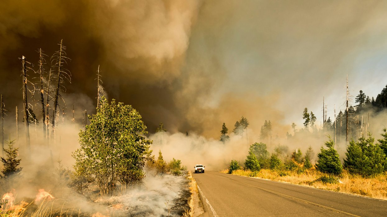 truck driving out of a smoke-filled wildfire area