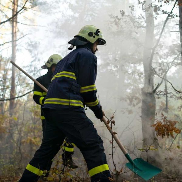 Two firefighters working a fire line