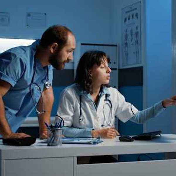 Two hospital workers looking at a computer screen
