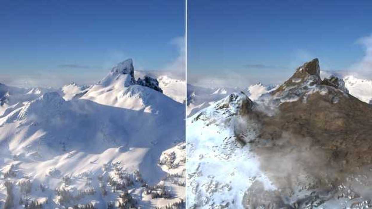 Two images showing the same mountain range, one with adequate snow and one with less snow
