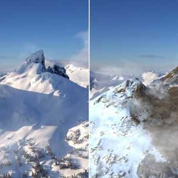 Two images showing the same mountain range, one with adequate snow and one with less snow