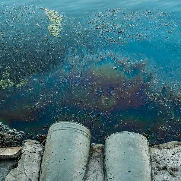 Two large pipes with dirty water flowing out of them