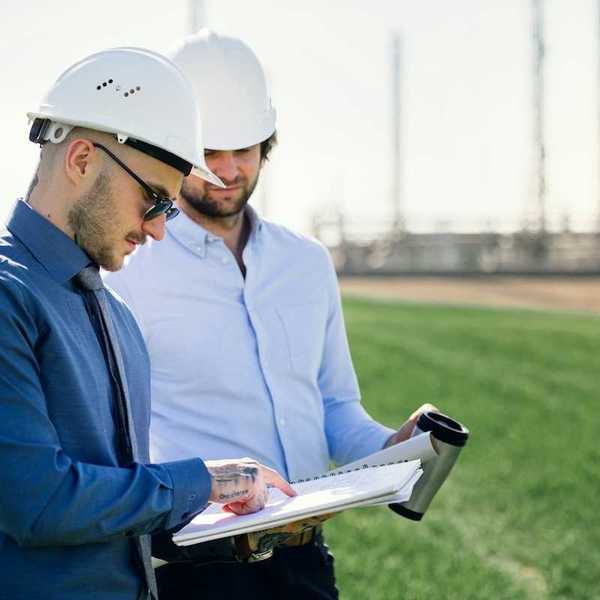 Two men conferring over a notebook in front of an oil refinery