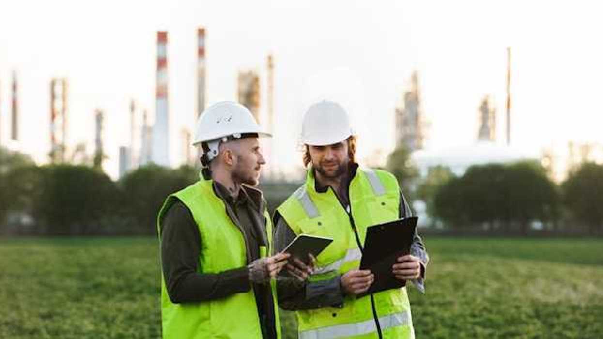 Two oil workers in yellow vests looking at ipads while standing in front of smokestacks