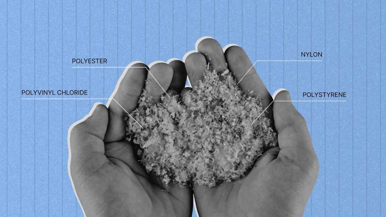 Two partially cupped hands holding plastic particles derived from synthetics such as PVC, polyester, nylon, and polystyrene