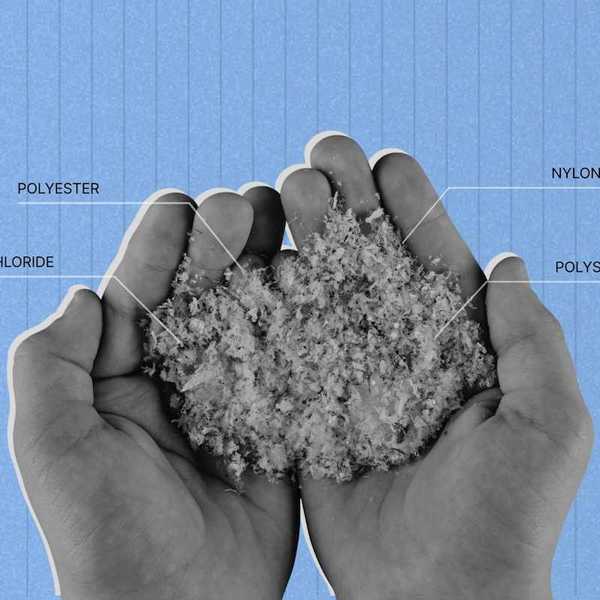 Two partially cupped hands holding plastic particles derived from synthetics such as PVC, polyester, nylon, and polystyrene