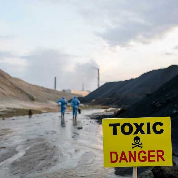 Two people in blue hazmat suits walking towards a coal plant with coal piles and a sign reading "TOXIC DANGER"" sign