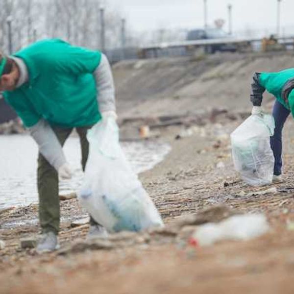 Two people in green clothing picking up plastic waste from the beach