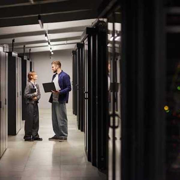 Two people standing and talking next to data servers in a data center