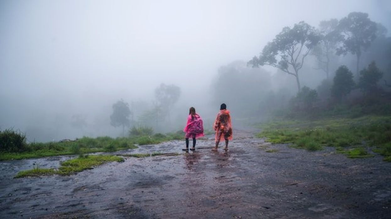 Two people wearing rain ponchos standing on a wet road during a downpour.