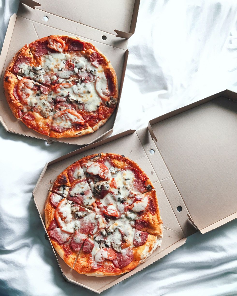 two pizza boxes.
