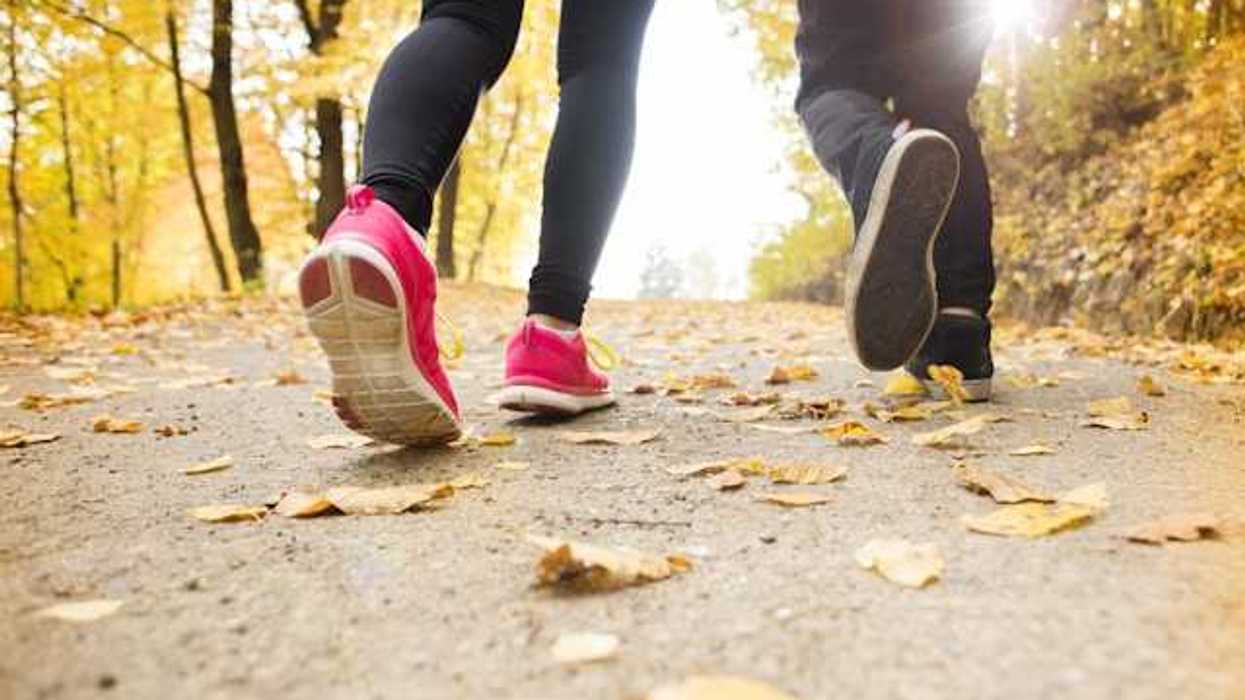 Two sets of legs walking down a forest path