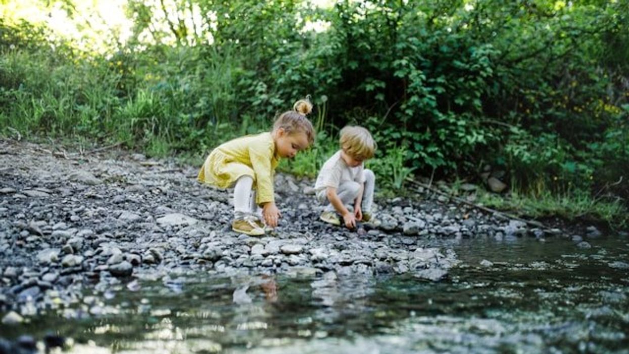 Two small children playing in the rocks at the edge of a stream.