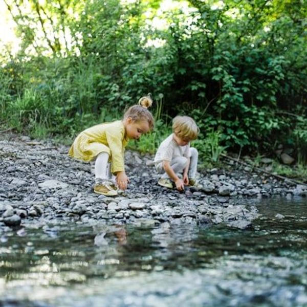 Two small children playing in the rocks at the edge of a stream.