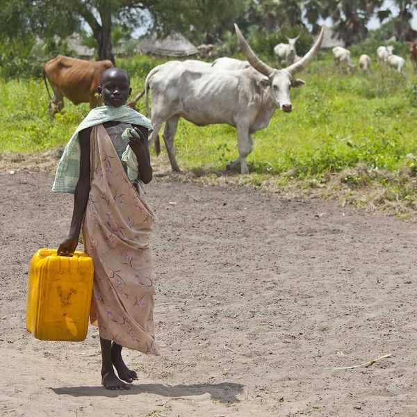 Unidentified woman carries a large water jug to get water from the Nile in South Sudan.