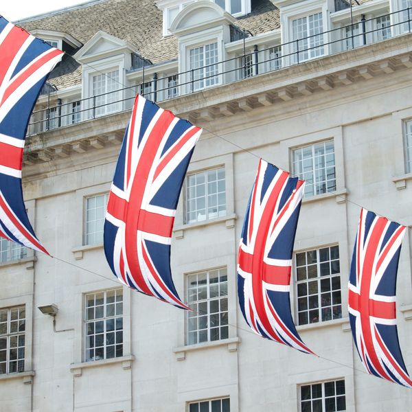 United Kingdom flags hung near a building