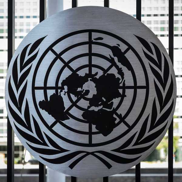 United Nations logo at the UN headquarter in New York City