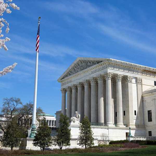 United States Supreme Court building and grounds with US Flag and cherry blossoms on tree