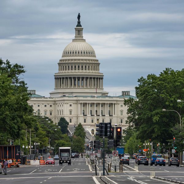 US Capitol building with cars on street flanked by trees in foreground.