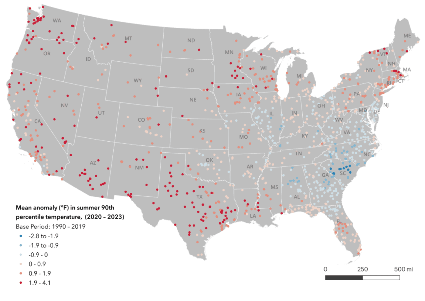 US maps with dots showing where prisons are and if they have been hotter over the past 20 years than the previous 20 years