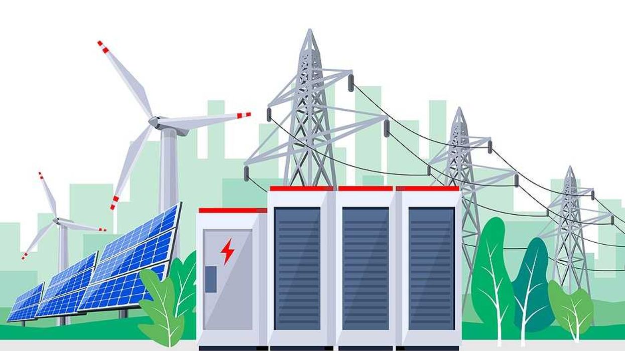 Vector illustration of large rechargeable lithium-ion battery energy storage stationary for renewable electric power station generation.