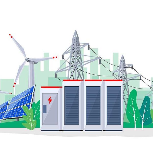 Vector illustration of large rechargeable lithium-ion battery energy storage stationary for renewable electric power station generation.