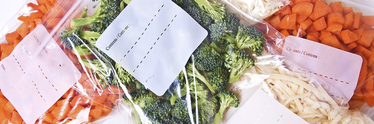 Vegetables stored in plastic bags.