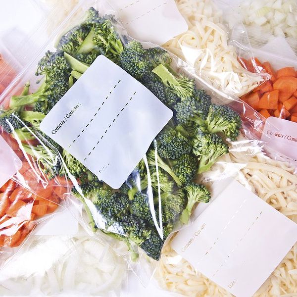 Vegetables stored in plastic bags.