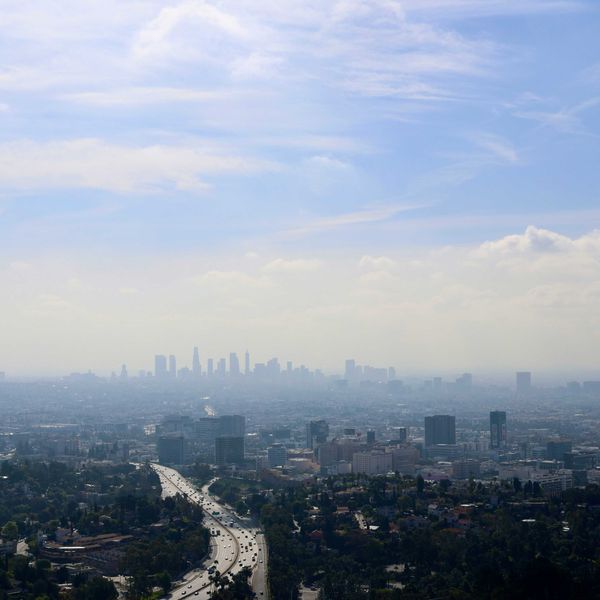 View of Los Angeles skyline shrouded in smog.