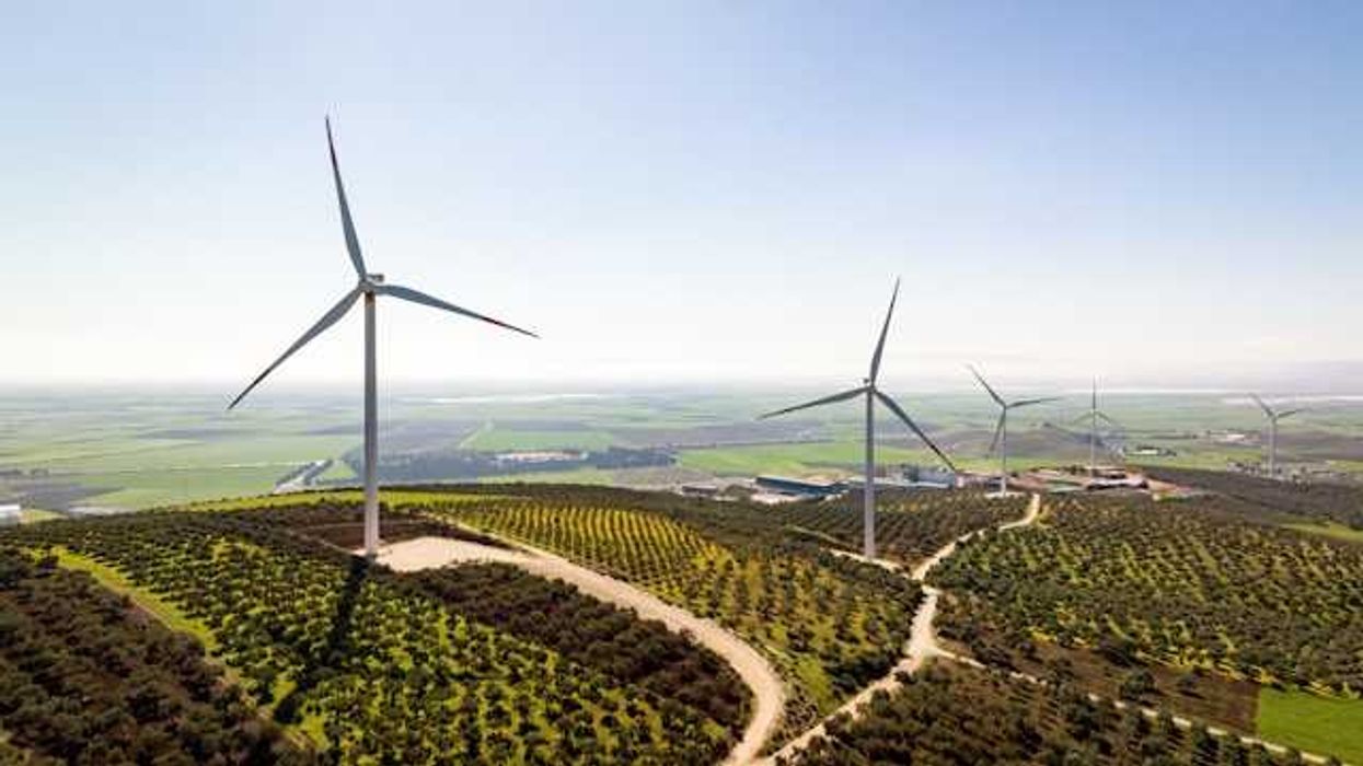 View of wind turbines on a hillside