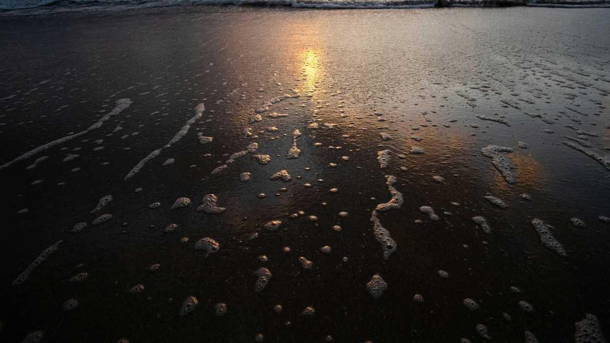 wet sand reflecting the sun on the beach shore during sunset with waves in background.
