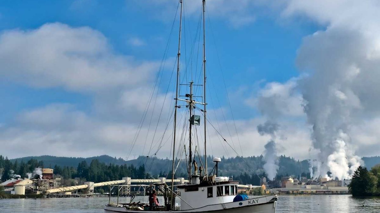 White fishing boat with smoke-belching pulp mill in background