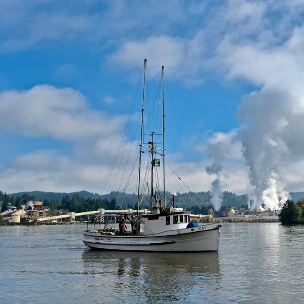White fishing boat with smoke-belching pulp mill in background