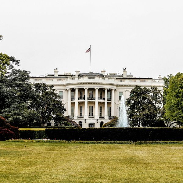 White House with lawn and trees in forground.