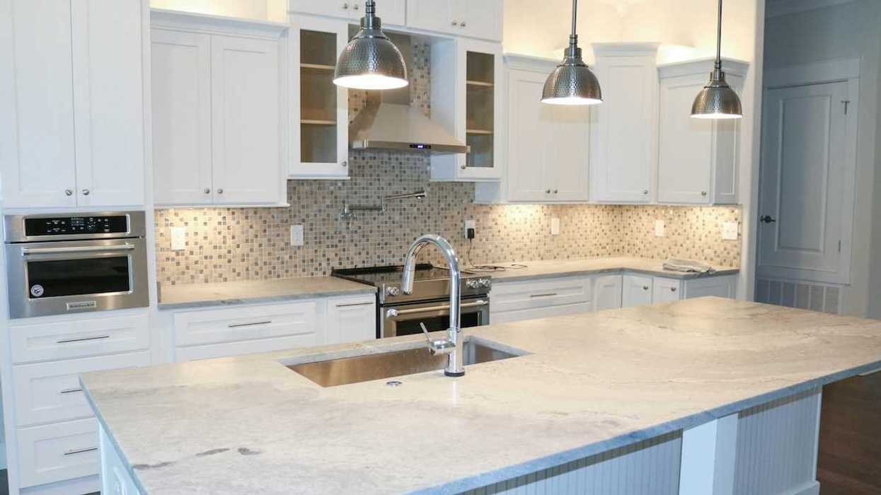 White kitchen island countertop with sink