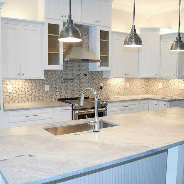 White kitchen island countertop with sink