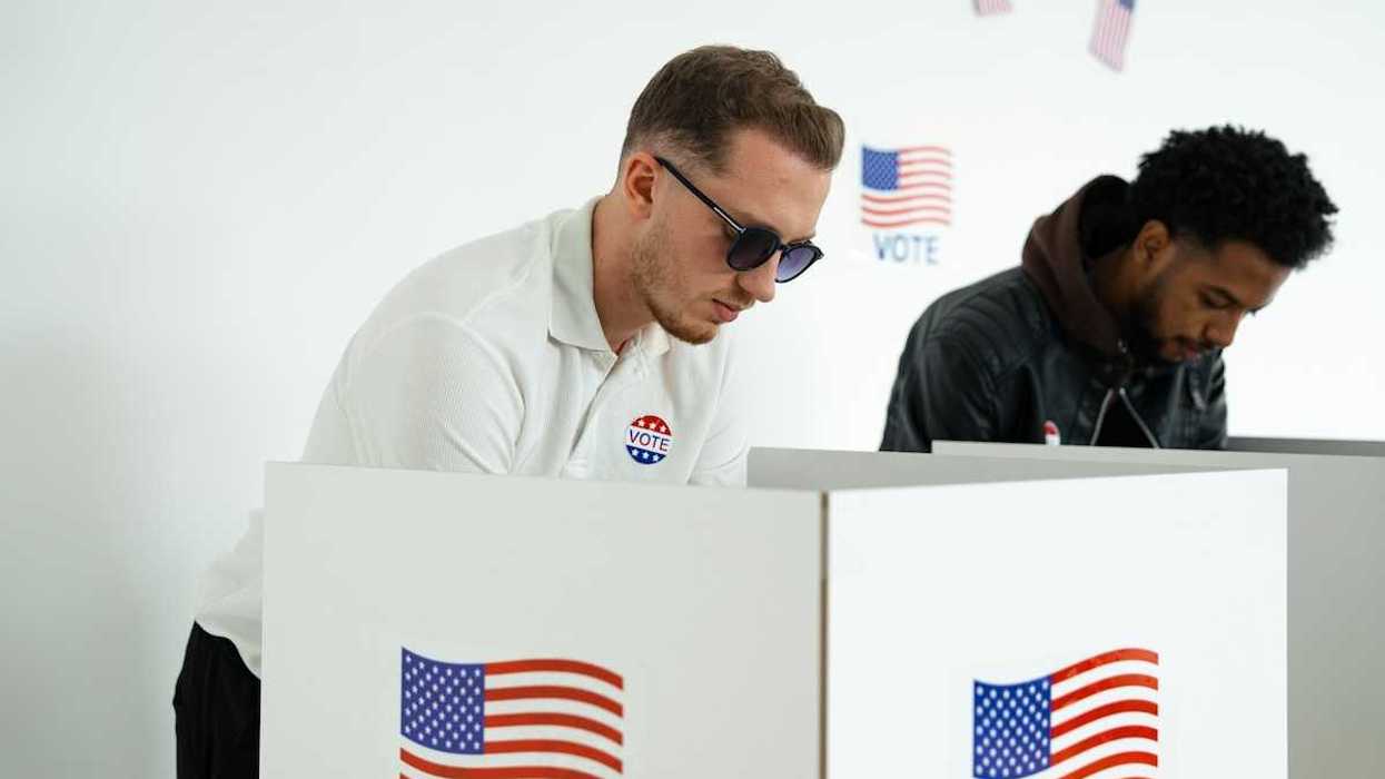 White man and black man in adjacent voting booths, voting in US election