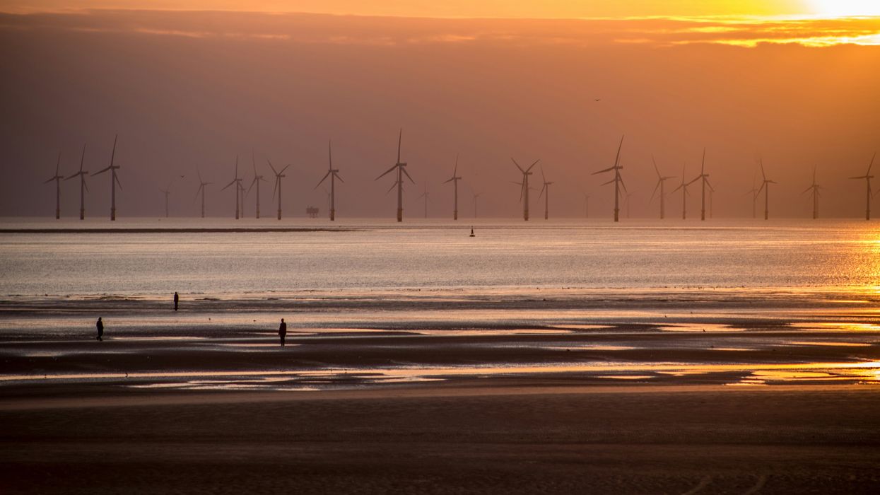 Wind turbines in the ocean in a row off a beach at sunset.
