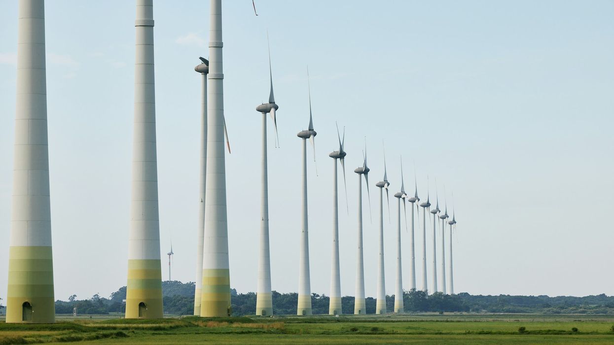 wind turbines lined up in a green field