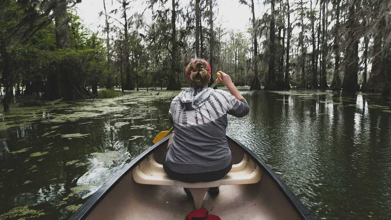 Woman in bow of canoe paddling in Bayou country shot from the stern of the canoe