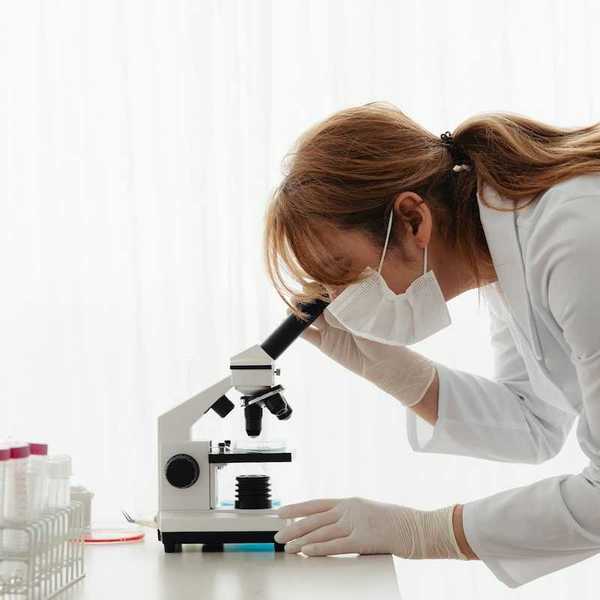 woman in lab coat peering into microscope