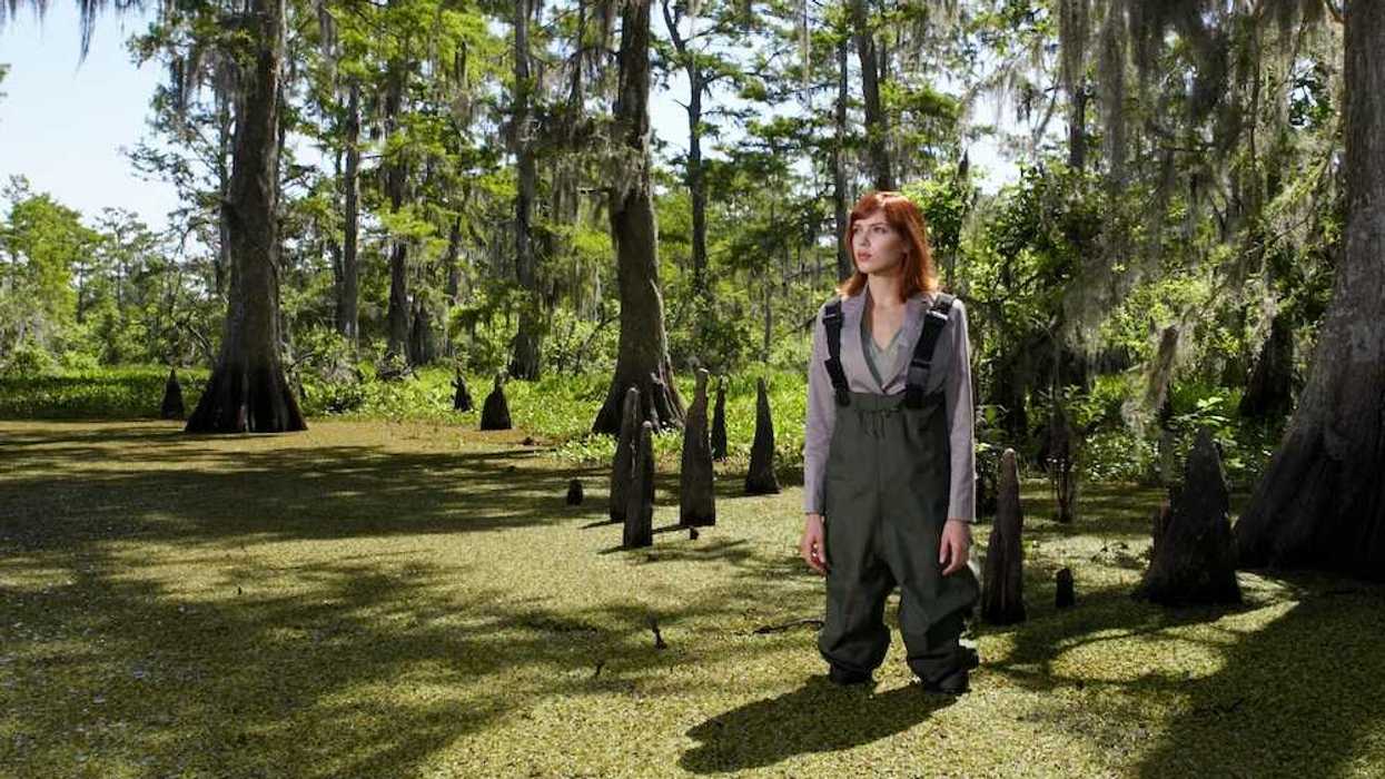 Woman in waders standing shin-deep in southeastern swamp