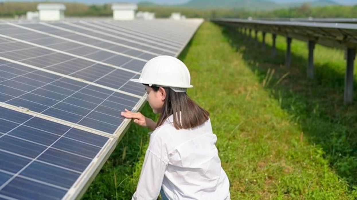 Woman wearing hard hat inspecting solar panels in a field.