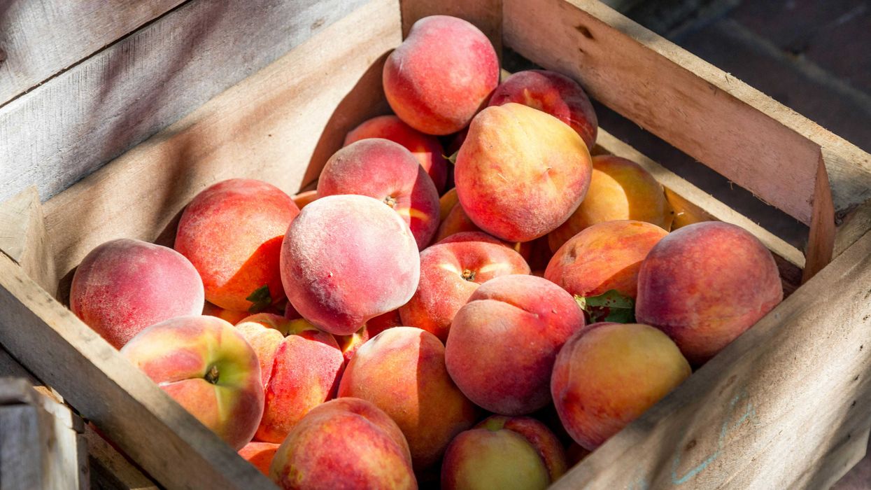 Wooden crate of peaches in the sunlight.