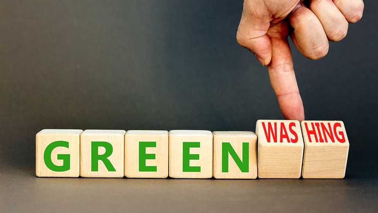 Wooden cubes with the word GREENWASHING on them.