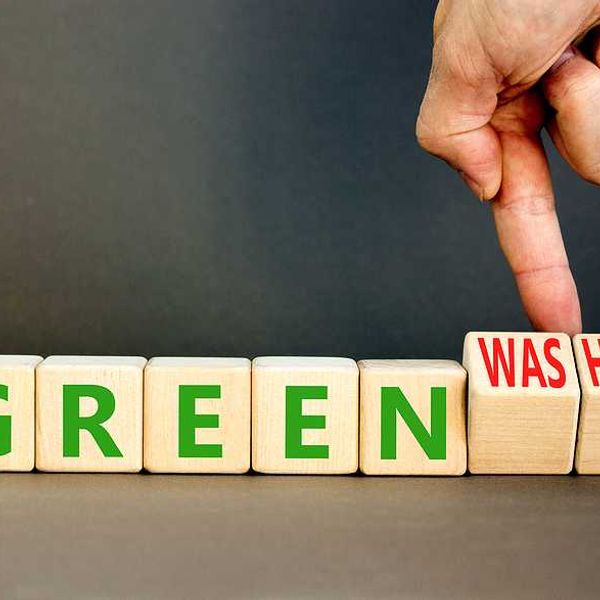 Wooden cubes with the word GREENWASHING on them.