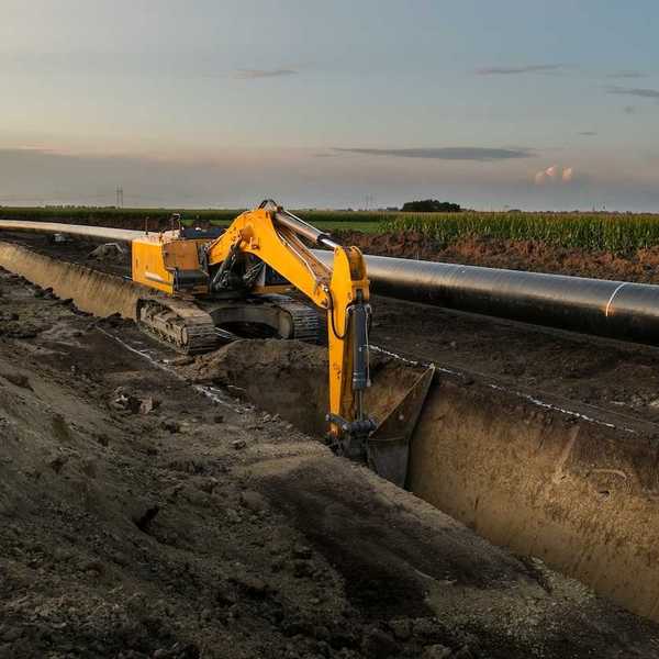 Yellow excavator digging deep trench making way for pipeline construction