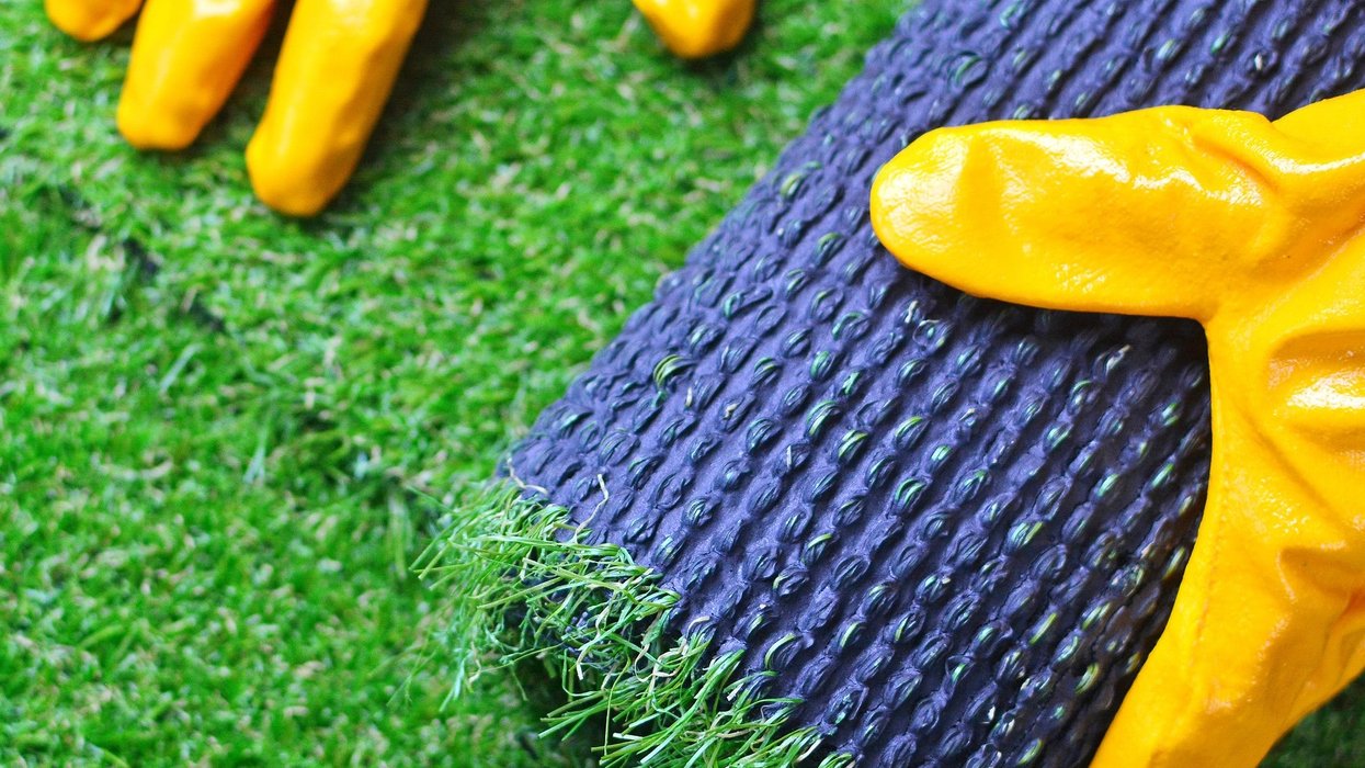 Yellow gloved hands roll back a piece of artificial grass turf.